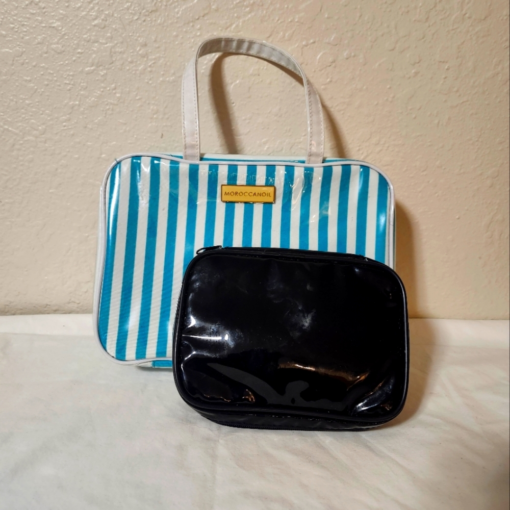 Black patent leather cosmetic pouch moroccanoil toiletry bag